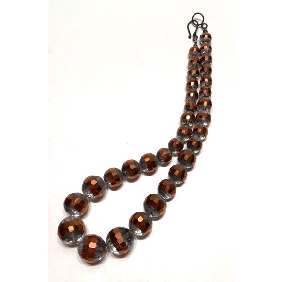 Single Strand Graduating Size Glass Bead Handmade Necklace Clear Copper Striped - Picture 5 of 5